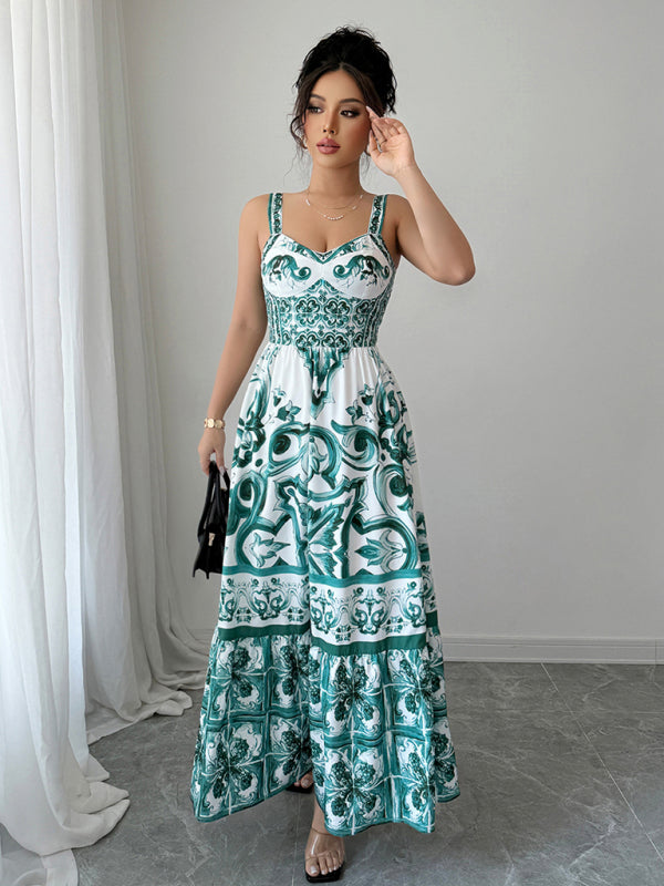 Casual simple suspender printed long dress