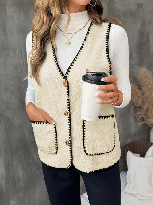 New loose sleeveless V-neck lambskin vest