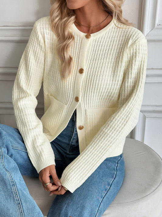 Casual Metal Button Cardigan Solid Color Sweater Jacket