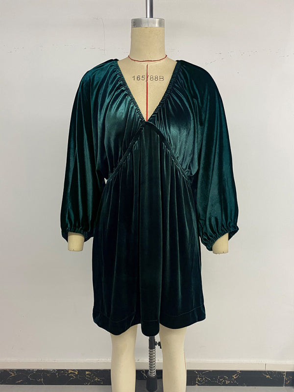 Elegant retro lantern sleeve pleated deep V neck velvet dress-[Adult]-[Female]-2022 Online Blue Zone Planet