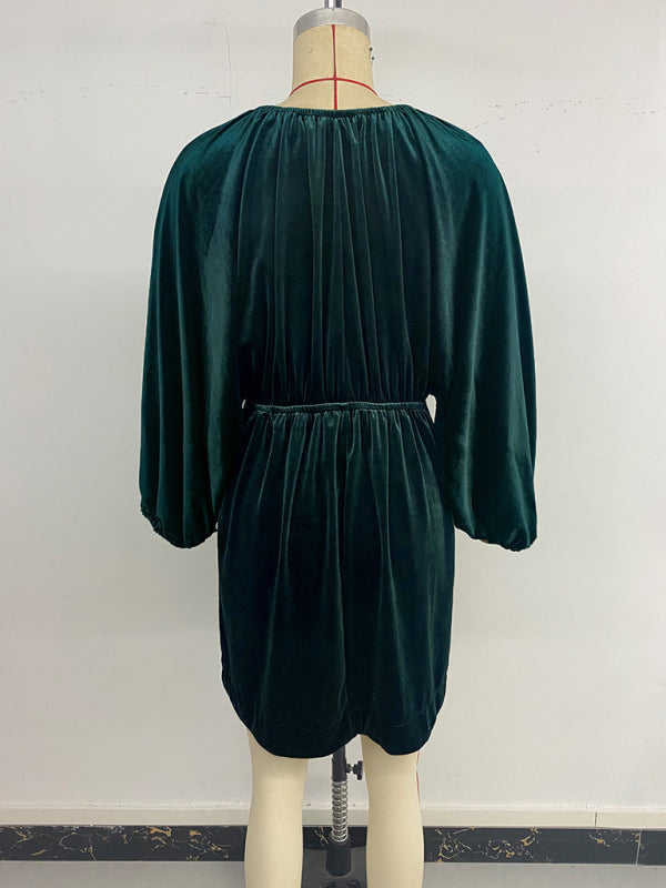 Elegant retro lantern sleeve pleated deep V neck velvet dress-[Adult]-[Female]-2022 Online Blue Zone Planet
