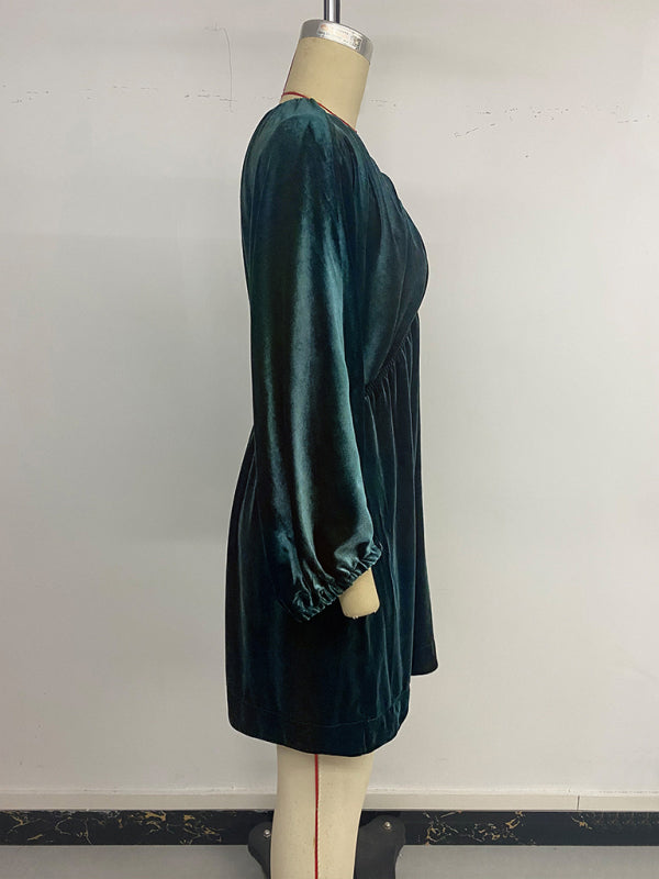 Elegant retro lantern sleeve pleated deep V neck velvet dress-[Adult]-[Female]-2022 Online Blue Zone Planet