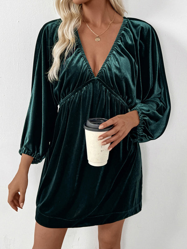 Elegant retro lantern sleeve pleated deep V neck velvet dress-[Adult]-[Female]-Green black jasper-S-2022 Online Blue Zone Planet