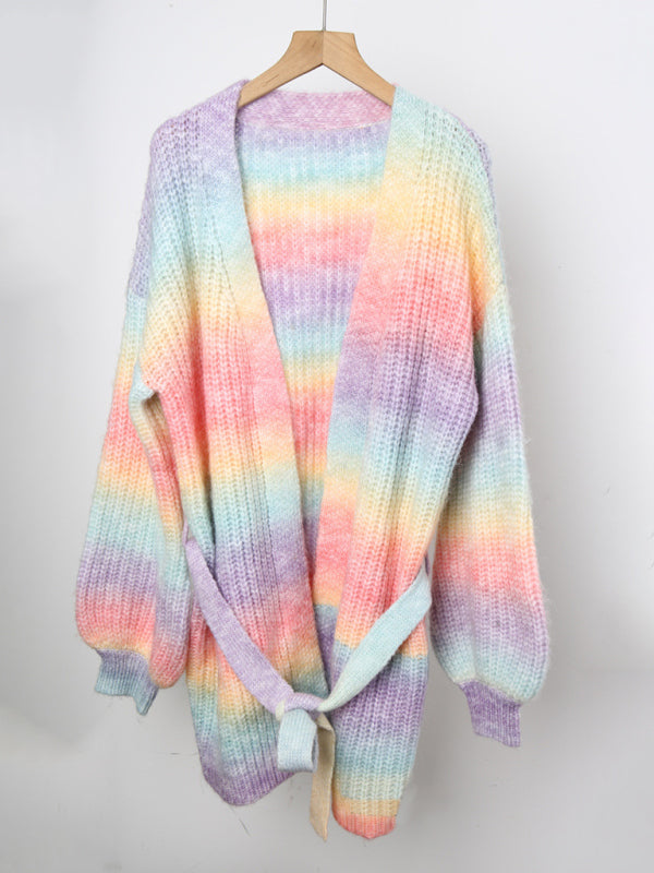 Sweater rainbow tie-dye mid-length loose cardigan women's knitted sweater coat-[Adult]-[Female]-2022 Online Blue Zone Planet