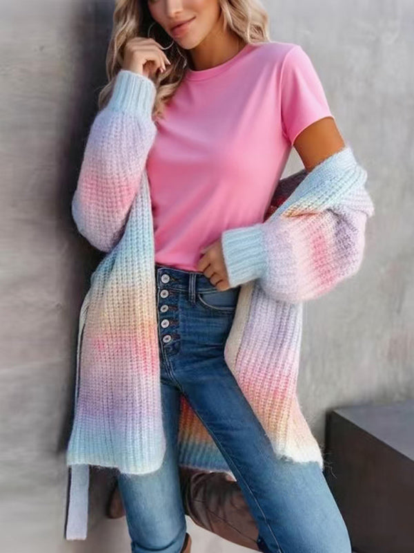 Sweater rainbow tie-dye mid-length loose cardigan women's knitted sweater coat-[Adult]-[Female]-Pink-S-2022 Online Blue Zone Planet