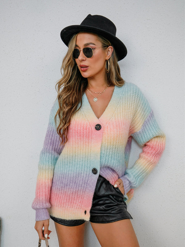 New Gradient Dye Rainbow Sweater Button Knit Cardigan-[Adult]-[Female]-2022 Online Blue Zone Planet