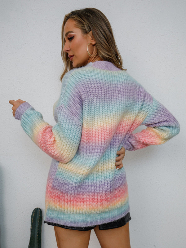 New Gradient Dye Rainbow Sweater Button Knit Cardigan-[Adult]-[Female]-2022 Online Blue Zone Planet