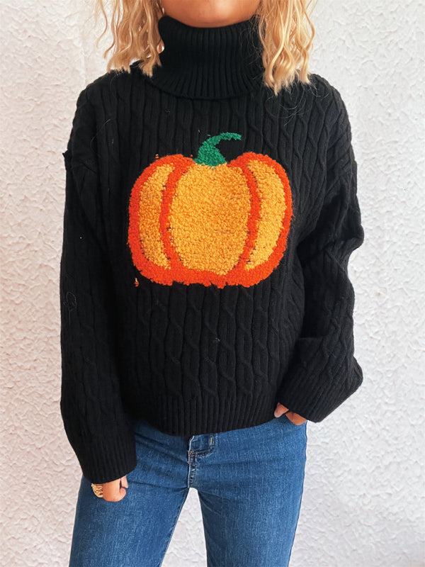 Turtleneck Pumpkin Knit Top Casual Fashion Warm Halloween Sweater-[Adult]-[Female]-Black-S-2022 Online Blue Zone Planet