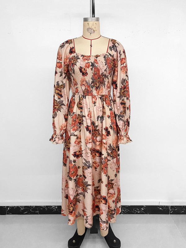 Retro French romantic and elegant printed dress with square neckline and slits-TOPS / DRESSES-[Adult]-[Female]-2022 Online Blue Zone Planet