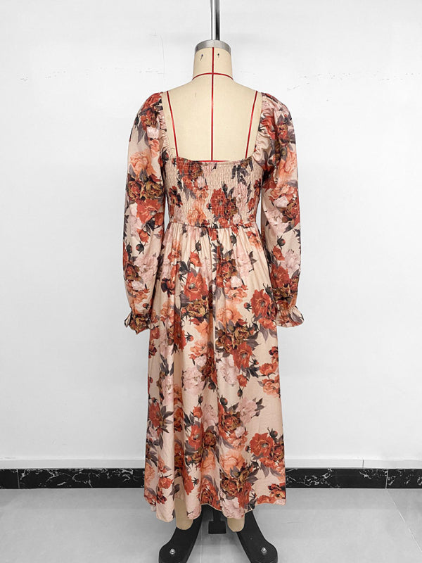Retro French romantic and elegant printed dress with square neckline and slits-TOPS / DRESSES-[Adult]-[Female]-2022 Online Blue Zone Planet
