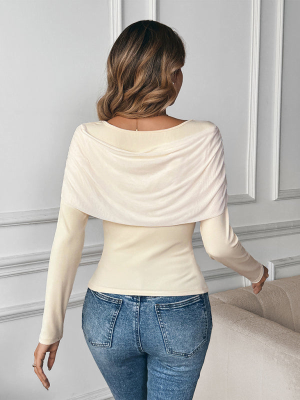 U-neck off-the-shoulder sweater with butterfly knot design and long sleeves-[Adult]-[Female]-2022 Online Blue Zone Planet