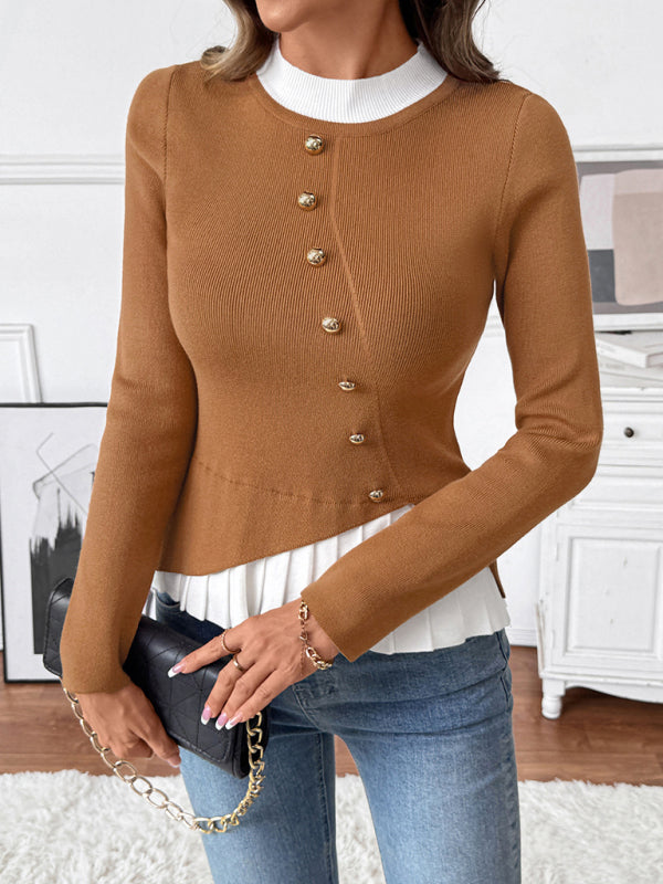 New contrast color stitching slim fit knitted pullover sweater-[Adult]-[Female]-2022 Online Blue Zone Planet