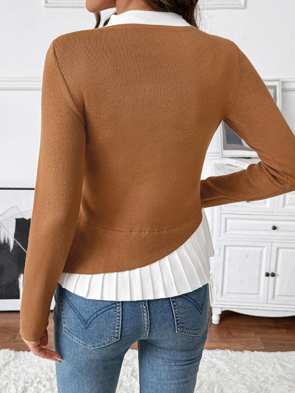 New contrast color stitching slim fit knitted pullover sweater-[Adult]-[Female]-2022 Online Blue Zone Planet