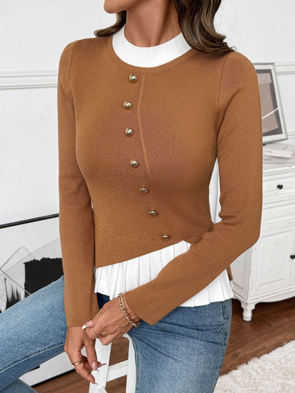 New contrast color stitching slim fit knitted pullover sweater-[Adult]-[Female]-2022 Online Blue Zone Planet