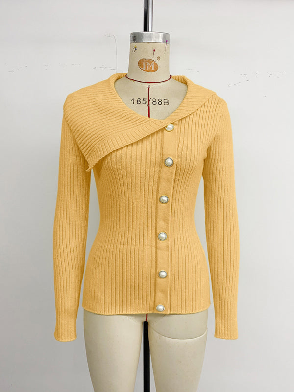 Pearl embellished solid color asymmetrical V-neck slim-fit sweater-[Adult]-[Female]-2022 Online Blue Zone Planet