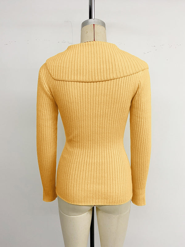 Pearl embellished solid color asymmetrical V-neck slim-fit sweater-[Adult]-[Female]-2022 Online Blue Zone Planet