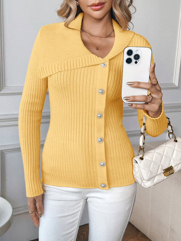 Pearl embellished solid color asymmetrical V-neck slim-fit sweater-[Adult]-[Female]-Yellow-S-2022 Online Blue Zone Planet