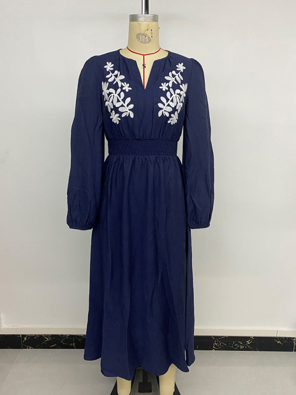 New holiday ethnic style waist v-neck blue embroidered dress-[Adult]-[Female]-2022 Online Blue Zone Planet