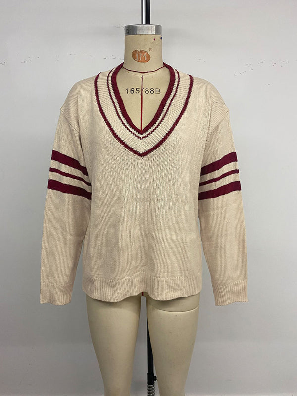 Preppy loose long-sleeved striped V-neck sweater-[Adult]-[Female]-2022 Online Blue Zone Planet