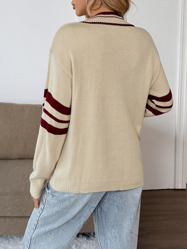 Preppy loose long-sleeved striped V-neck sweater-[Adult]-[Female]-2022 Online Blue Zone Planet