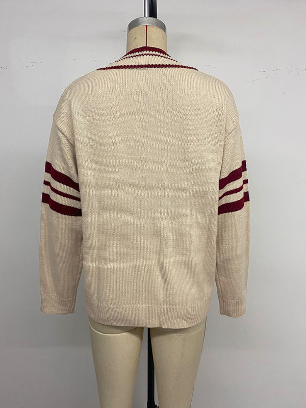 Preppy loose long-sleeved striped V-neck sweater-[Adult]-[Female]-2022 Online Blue Zone Planet