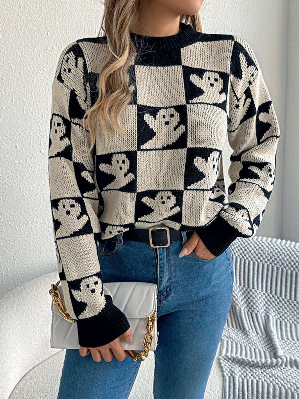 Halloween Plaid Long Sleeve Pullover Sweater