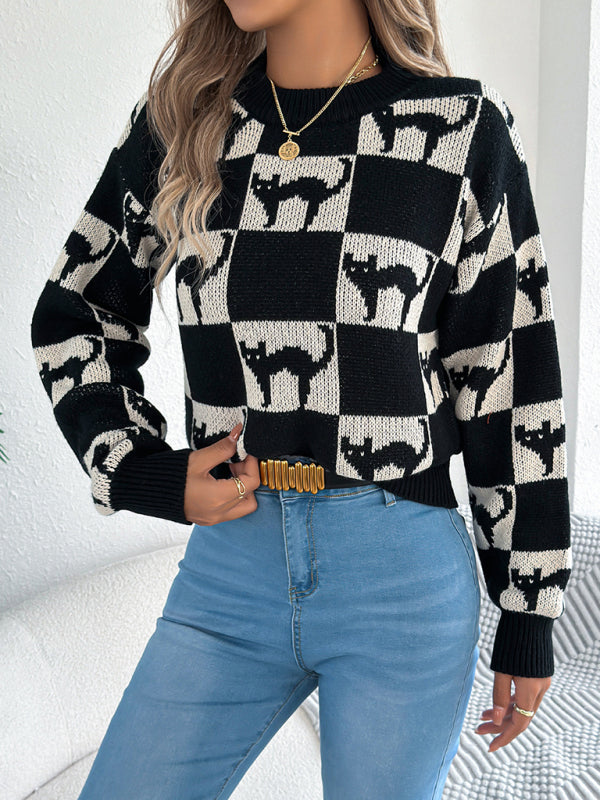 Halloween Plaid Cat Long Sleeve Pullover Sweater