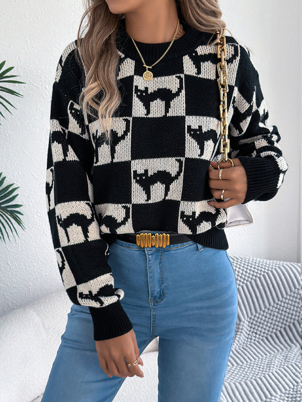 Halloween Plaid Cat Long Sleeve Pullover Sweater-[Adult]-[Female]-2022 Online Blue Zone Planet