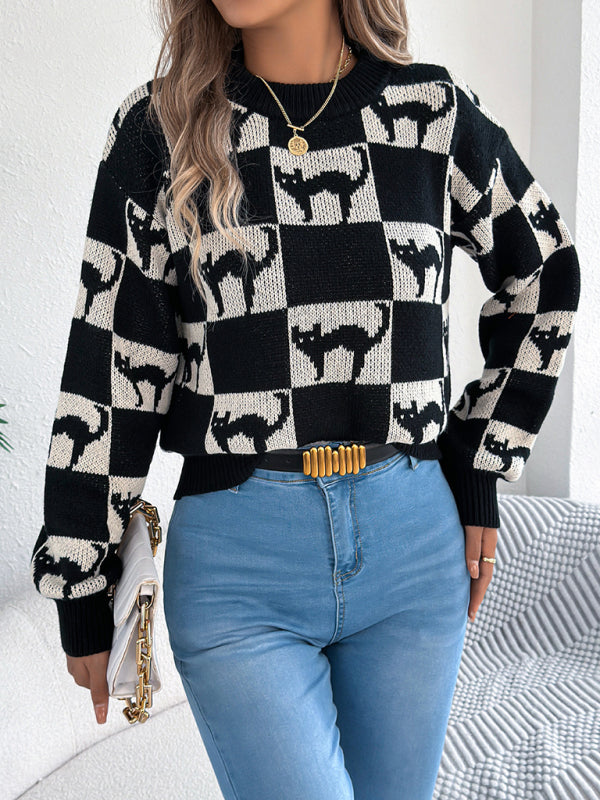 Halloween Plaid Cat Long Sleeve Pullover Sweater-[Adult]-[Female]-2022 Online Blue Zone Planet