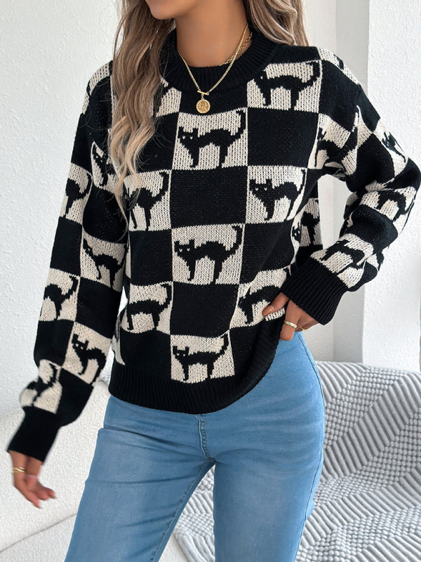Halloween Plaid Cat Long Sleeve Pullover Sweater-[Adult]-[Female]-Black-S-2022 Online Blue Zone Planet