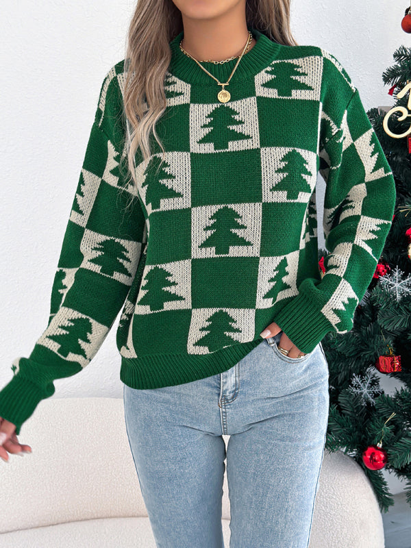 Christmas Tree Plaid Lantern Long Sleeve Pullover Sweater-[Adult]-[Female]-2022 Online Blue Zone Planet