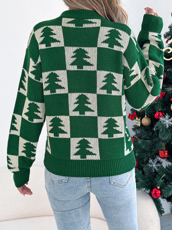 Christmas Tree Plaid Lantern Long Sleeve Pullover Sweater