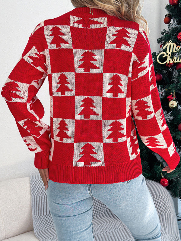 Christmas Tree Plaid Lantern Long Sleeve Pullover Sweater-[Adult]-[Female]-2022 Online Blue Zone Planet