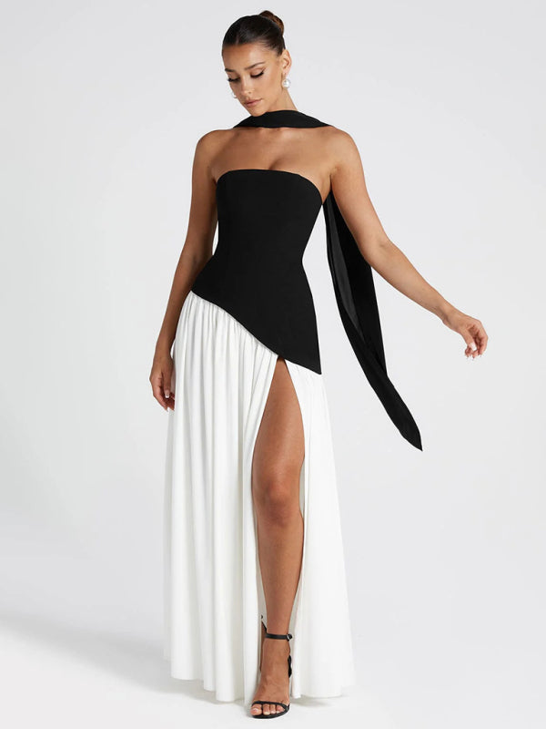 black white colorblock dress and tube top solid color open back slit Black / XL white and black wedding dresses Model is wearing a QUANTITY:20 Pack The Top 10 Birthday