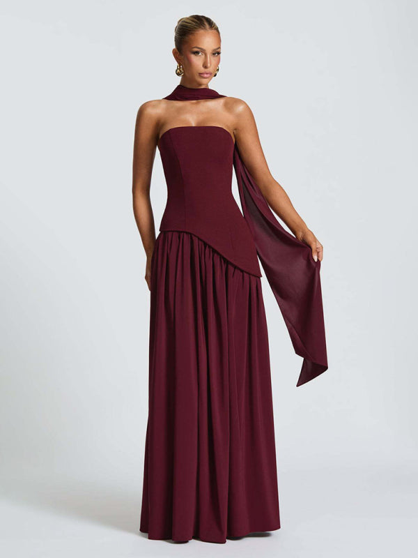 Strapless solid color open back slit dress