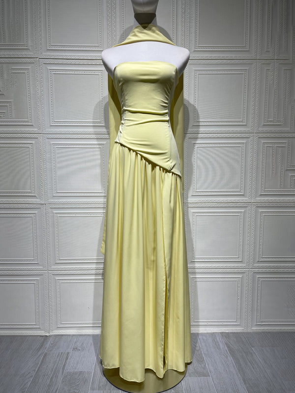 Strapless solid color open back slit dress