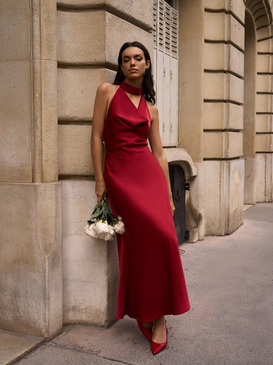 Sexy satin v-neck halter dress