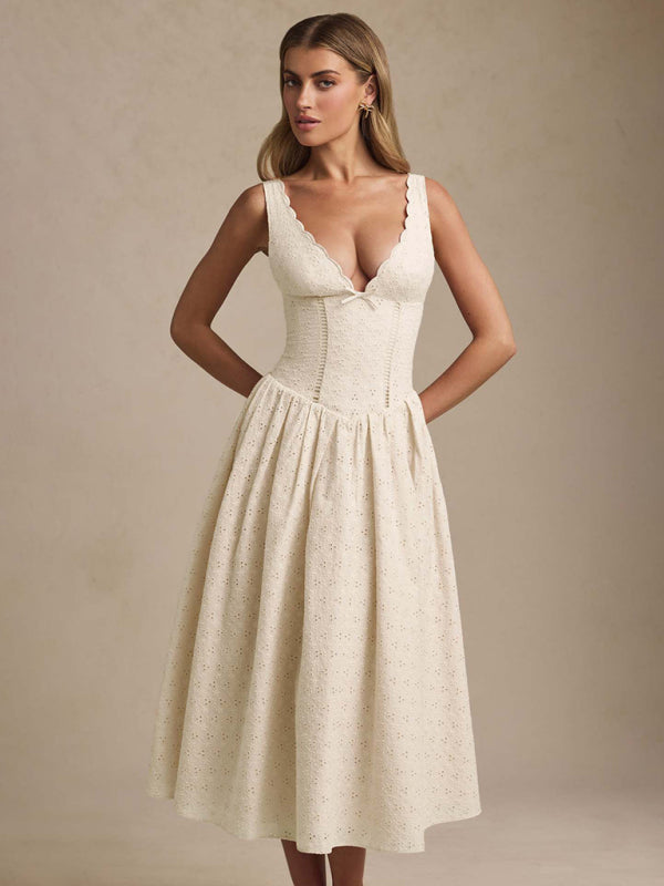 Solid color embroidered sexy elegant suspender dress-TOPS / DRESSES-[Adult]-[Female]-Cream-S-2022 Online Blue Zone Planet