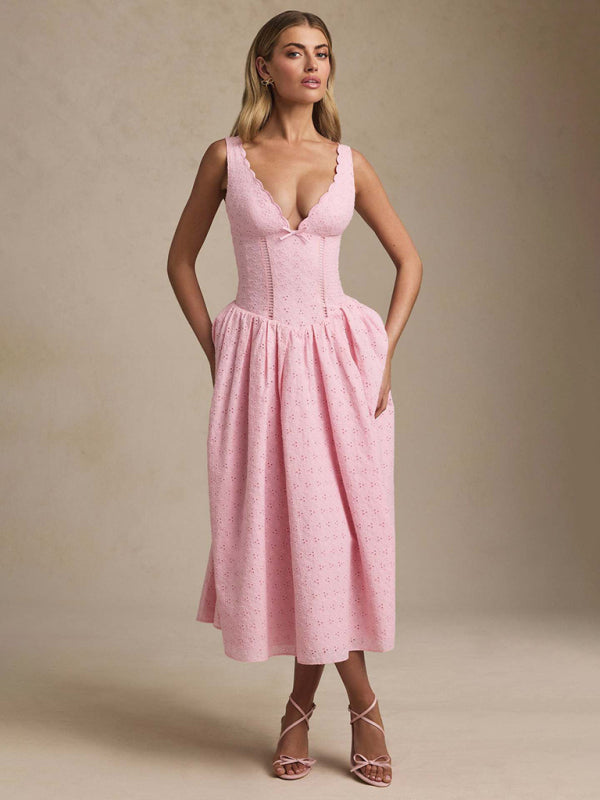 Solid Color Embroidered Sexy Elegant Suspender Dress Pink / XL by Blue Zone Planet