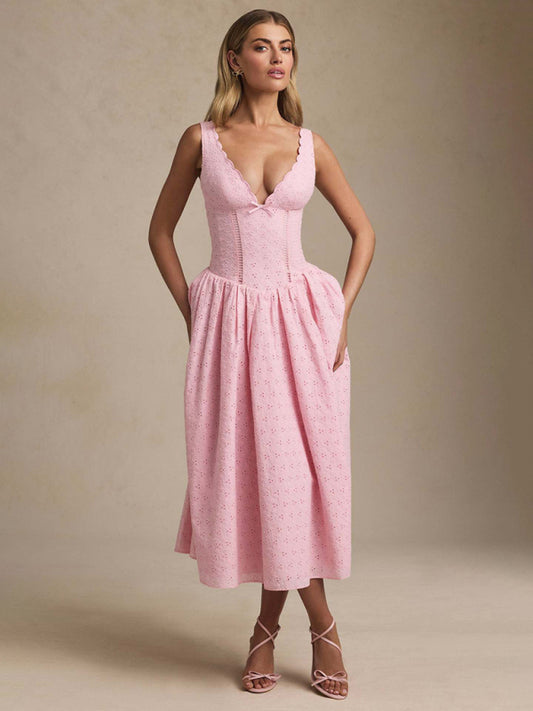 Solid color embroidered sexy elegant suspender dress-TOPS / DRESSES-[Adult]-[Female]-Pink-S-2022 Online Blue Zone Planet