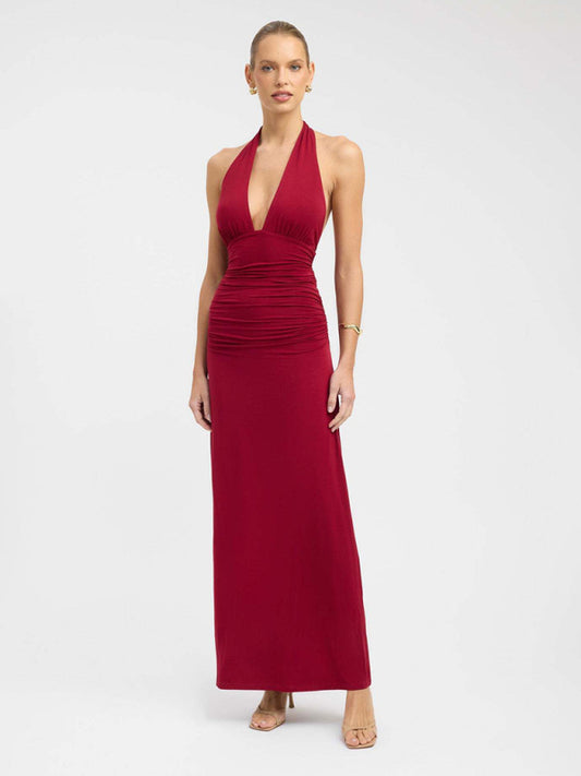 Sexy halterneck deep V-neck halter-back slit solid color maxi dress