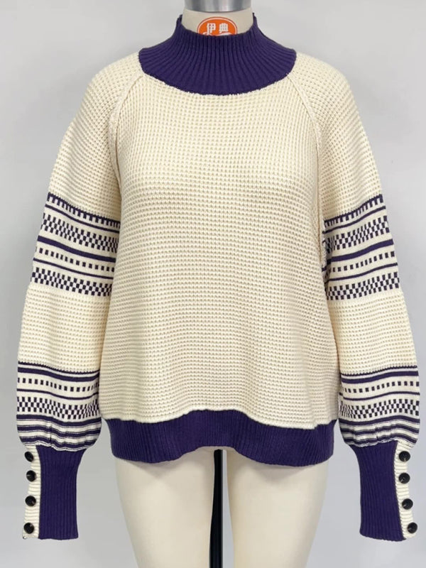 Knitted colorblock half turtleneck fashionable pullover sweater