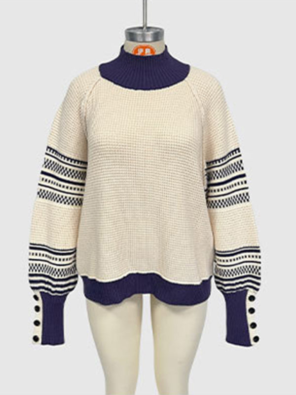 Knitted colorblock half turtleneck fashionable pullover sweater