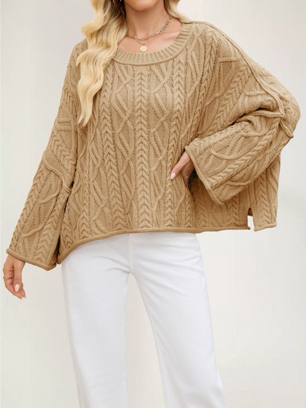 Round neck short cable knit loose solid color sweater
