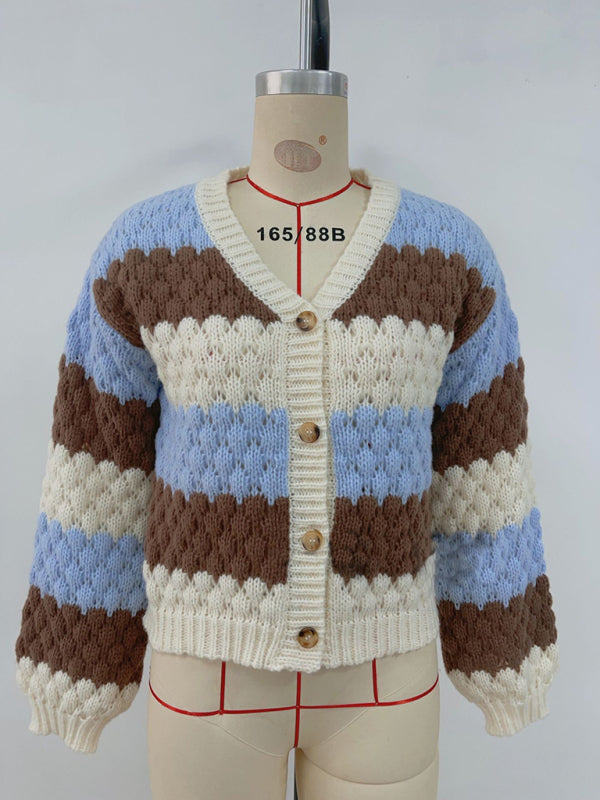 Women's contrast color V-neck long-sleeved loose V-neck knitted cardigan sweater