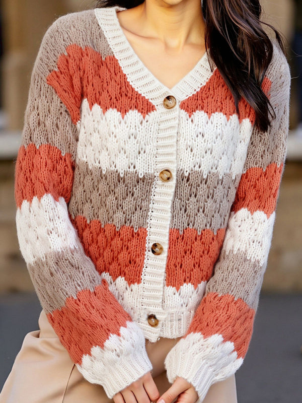 Women's contrast color V-neck long-sleeved loose V-neck knitted cardigan sweater
