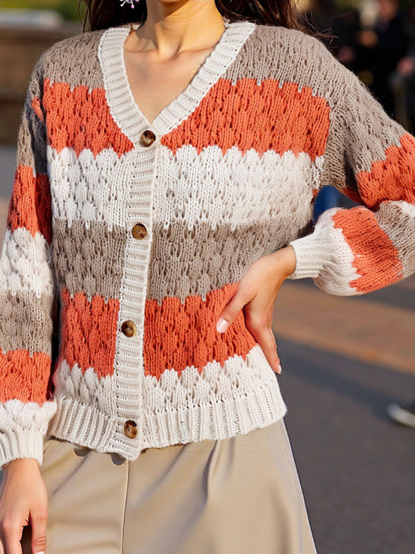 Women's contrast color V-neck long-sleeved loose V-neck knitted cardigan sweater