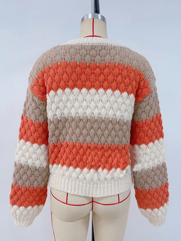 Women's contrast color V-neck long-sleeved loose V-neck knitted cardigan sweater