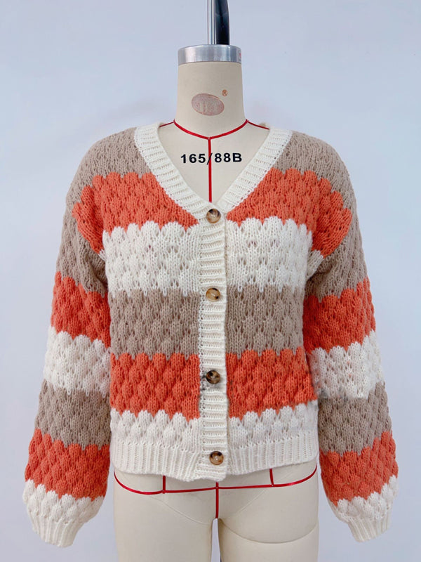 Women's contrast color V-neck long-sleeved loose V-neck knitted cardigan sweater