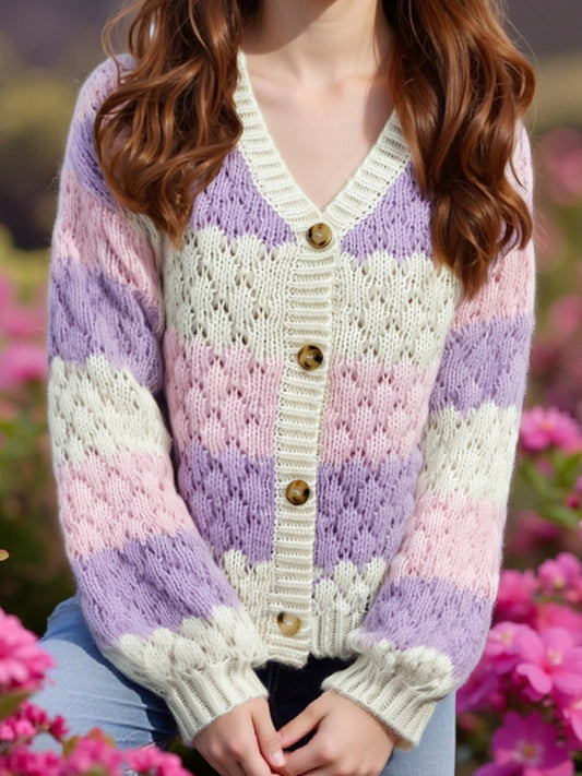 Women's contrast color V-neck long-sleeved loose V-neck knitted cardigan sweater